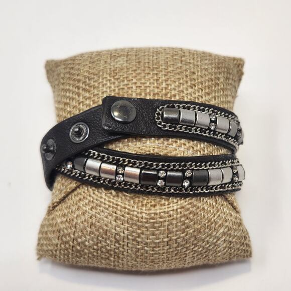 Stella and Dot Cady Wrap Leather Bracelet Black Silver Adjustable Edgy Biker - Picture 2 of 5